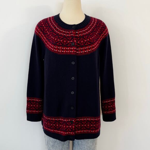 Talbots Fair Isle Lambswool Blend Cardigan Sweater Button Down Navy Red 2XP - Picture 2 of 10